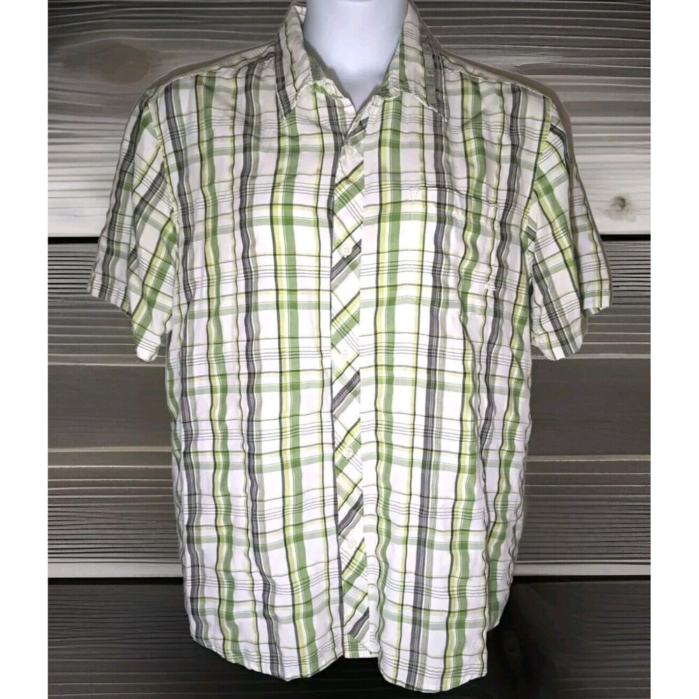 Quicksilver Button Up Short Sleeve Shirt  Sz Large Plaid Pocket Embroidered
